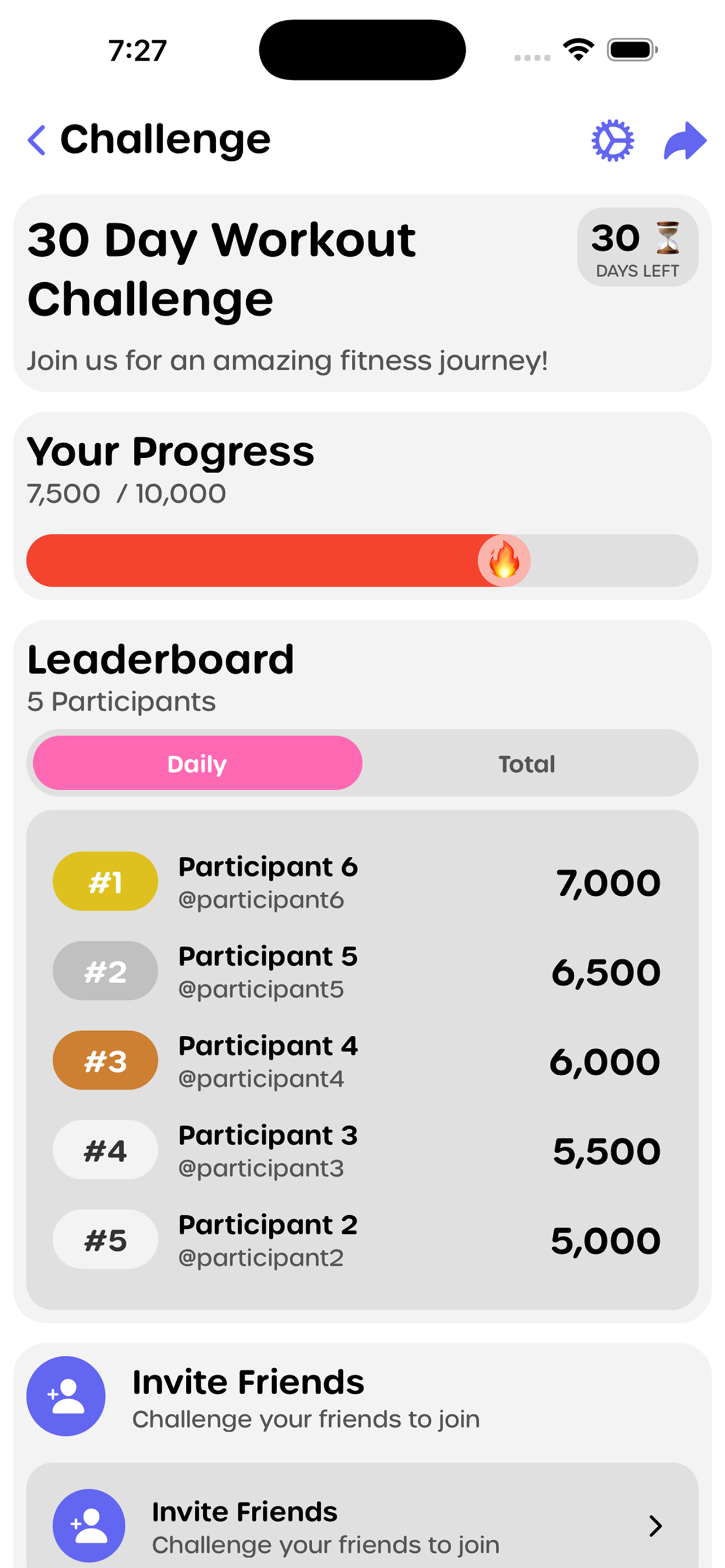 Home workout app showing workout logging and progress tracking
